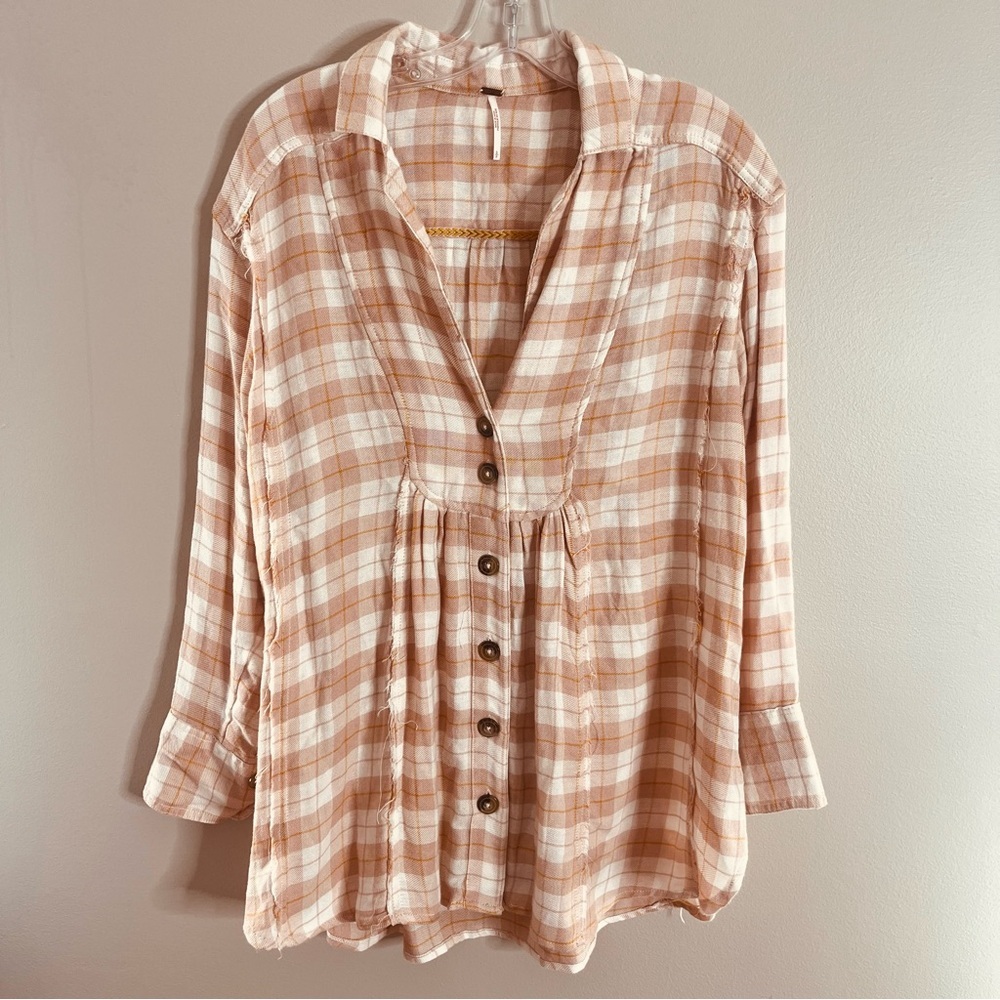 Free People Size Small All About the Feels Plaid Baby Doll Button Boho Top C16 - Picture 1 of 8